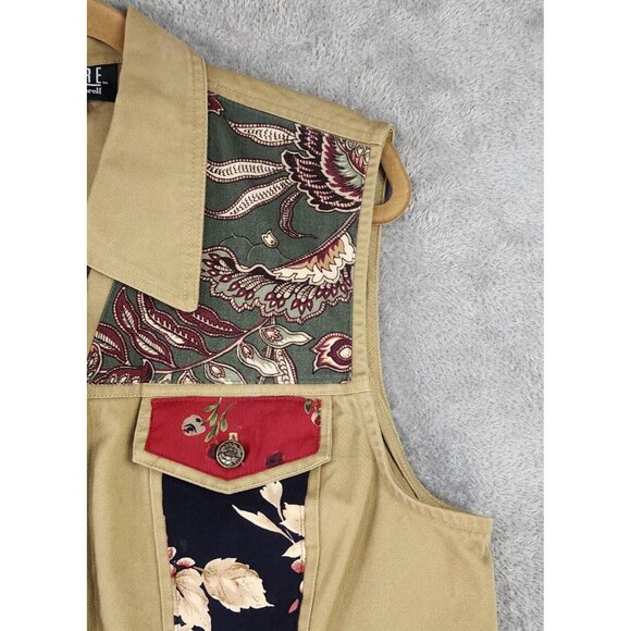 Signature by Jerell Vest Womens XL Beige Denim Floral Patchwork Button Front - Picture 9 of 11